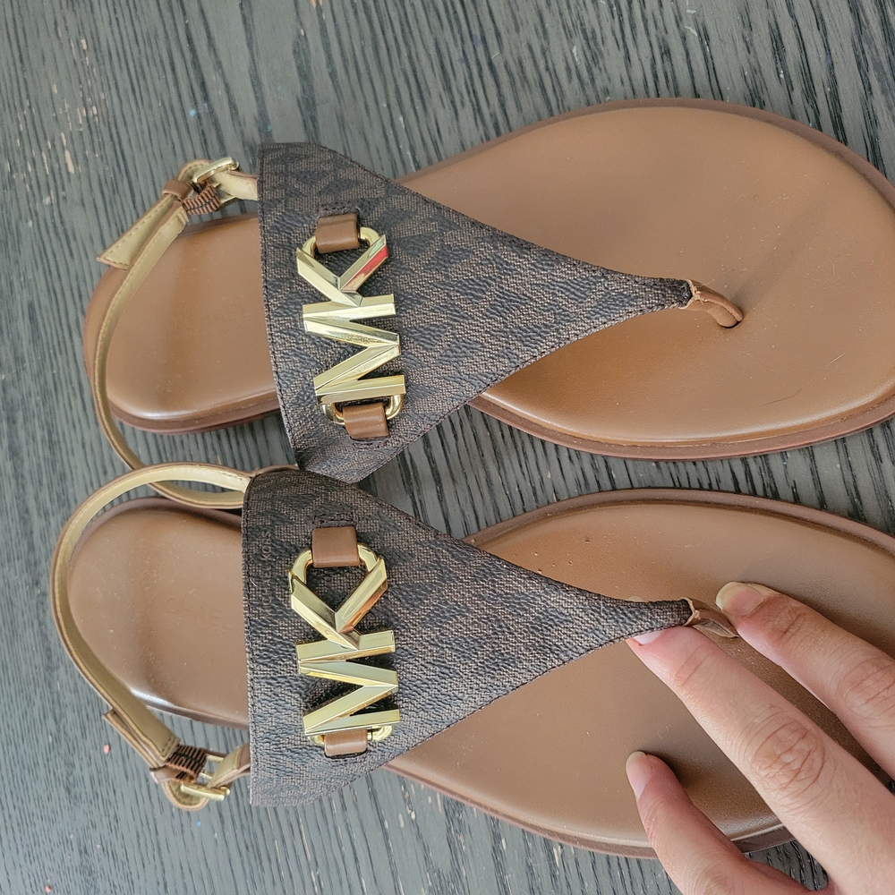Michael Kors Tan and Gold Logo Sandals